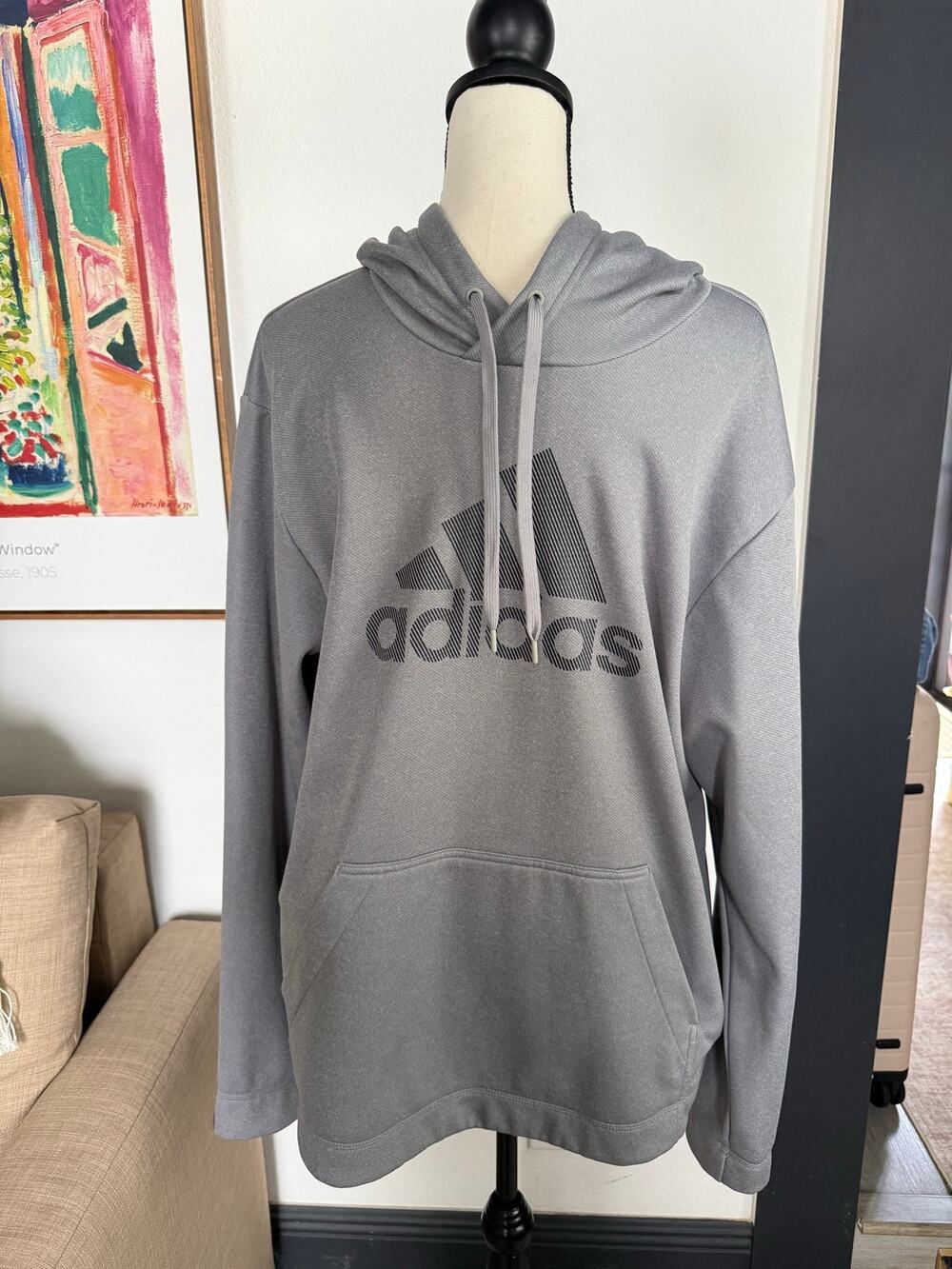 Adidas Men’s Large Gray AEROREADY Pullover Hoodie Logo Athletic Sweatshirt